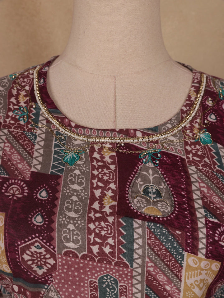 Maroon Multi-Print Straight Cut Salwar Suit - Diadem