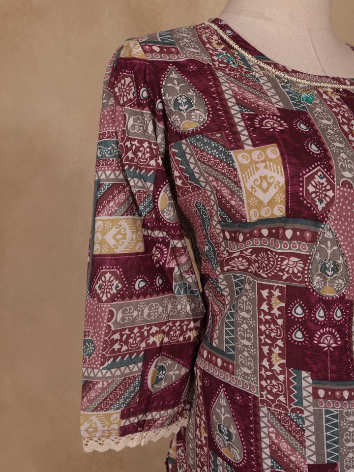 Maroon Multi-Print Straight Cut Salwar Suit - Diadem