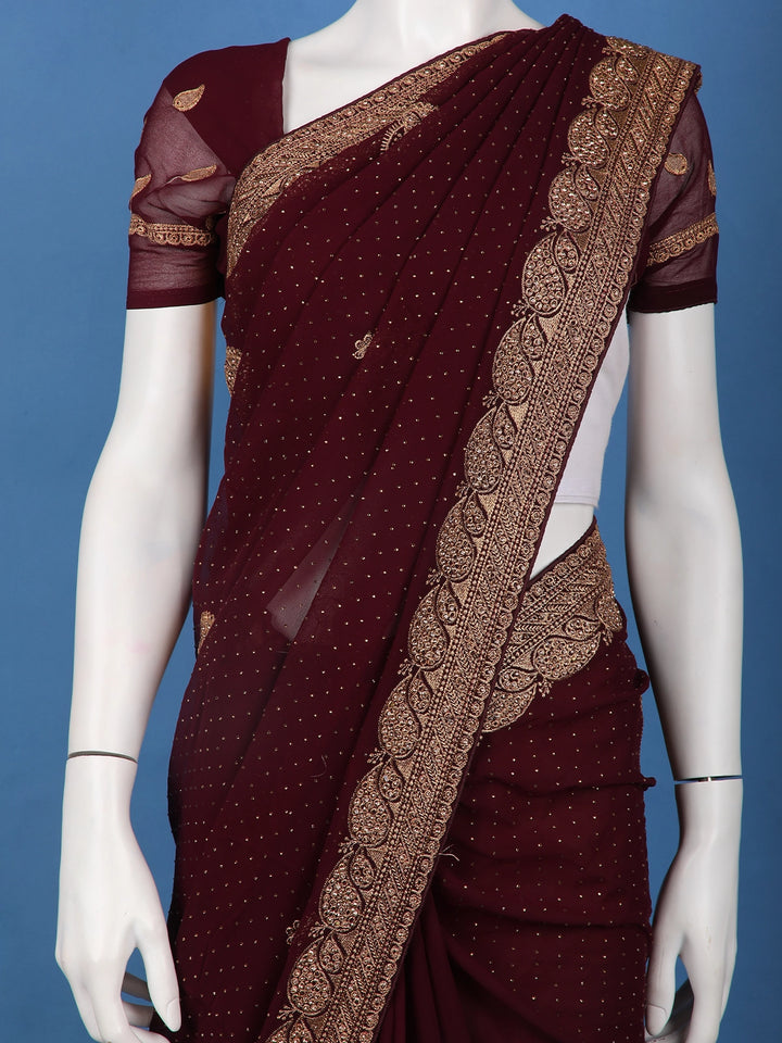 Maroon Paisley Embroidered Chiffon Saree - Diadem