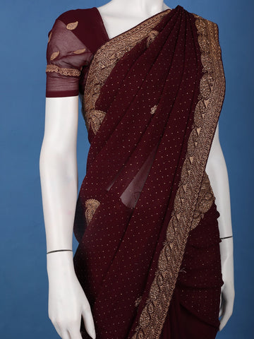 Maroon Paisley Embroidered Chiffon Saree - Diadem
