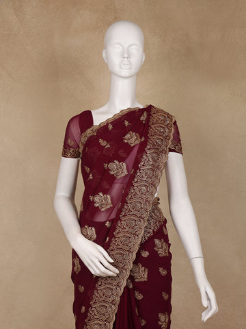 Maroon Paisley Embroidered Chiffon Saree - Diadem
