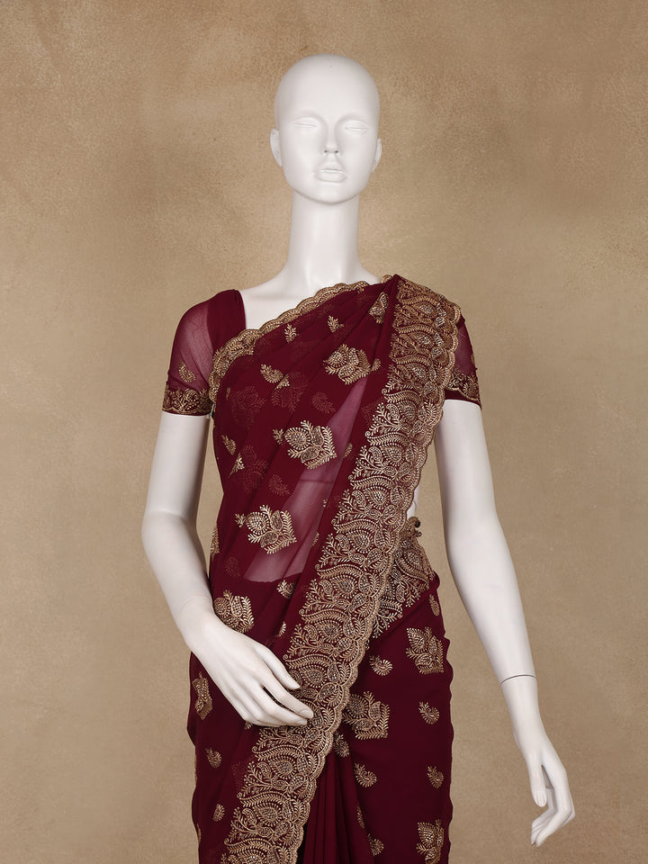 Maroon Paisley Embroidered Chiffon Saree - Diadem