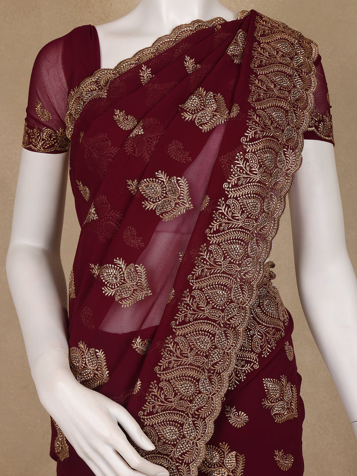 Maroon Paisley Embroidered Chiffon Saree - Diadem