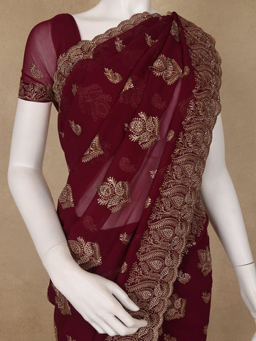 Maroon Paisley Embroidered Chiffon Saree - Diadem