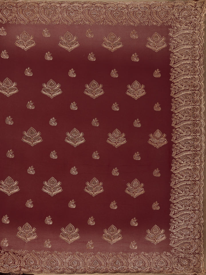 Maroon Paisley Embroidered Chiffon Saree - Diadem