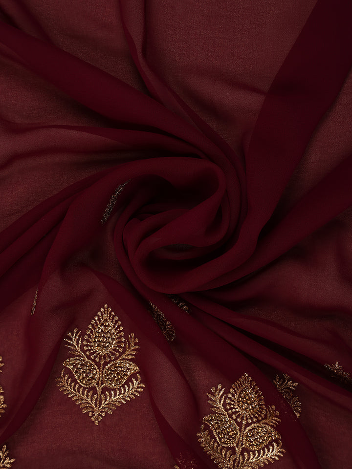 Maroon Paisley Embroidered Chiffon Saree - Diadem