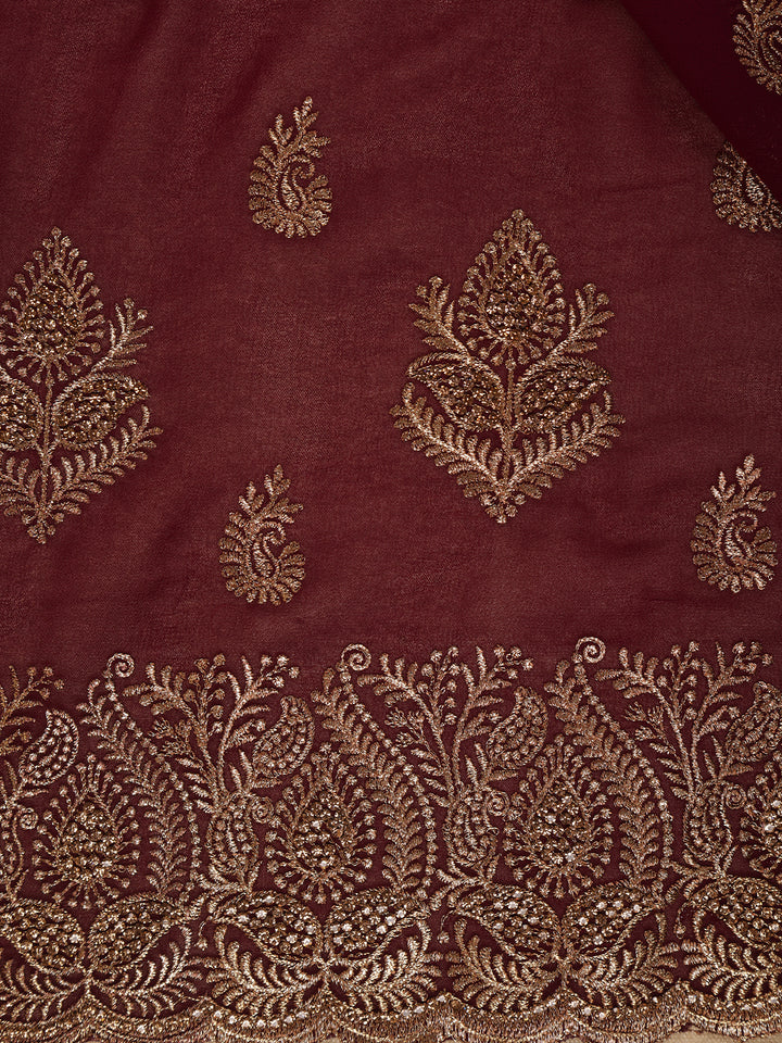 Maroon Paisley Embroidered Chiffon Saree - Diadem