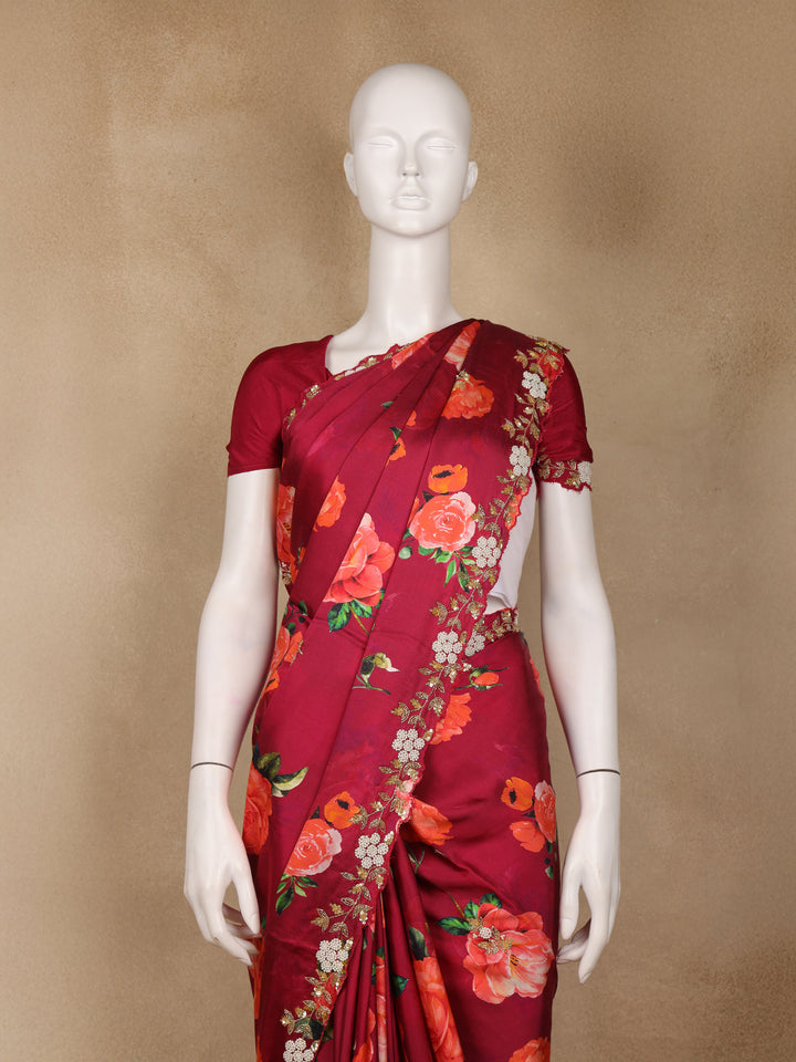 Maroon Red Floral Designed Satin Saree - Diadem