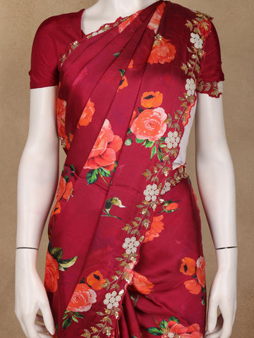 Maroon Red Floral Designed Satin Saree - Diadem