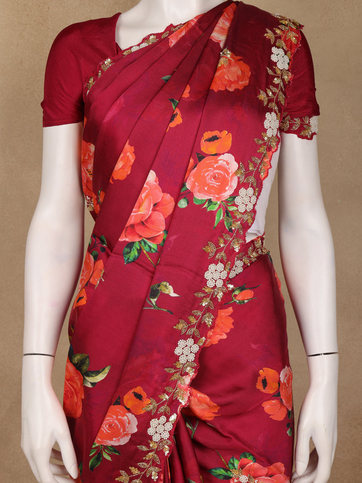 Maroon Red Floral Designed Satin Saree - Diadem