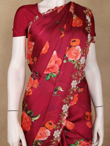 Maroon Red Floral Designed Satin Saree - Diadem
