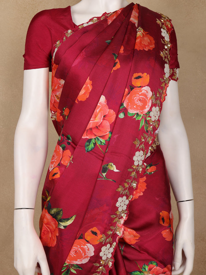 Maroon Red Floral Designed Satin Saree - Diadem
