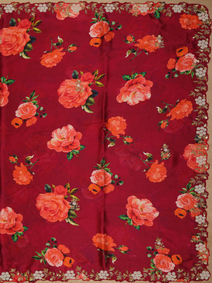 Maroon Red Floral Designed Satin Saree - Diadem
