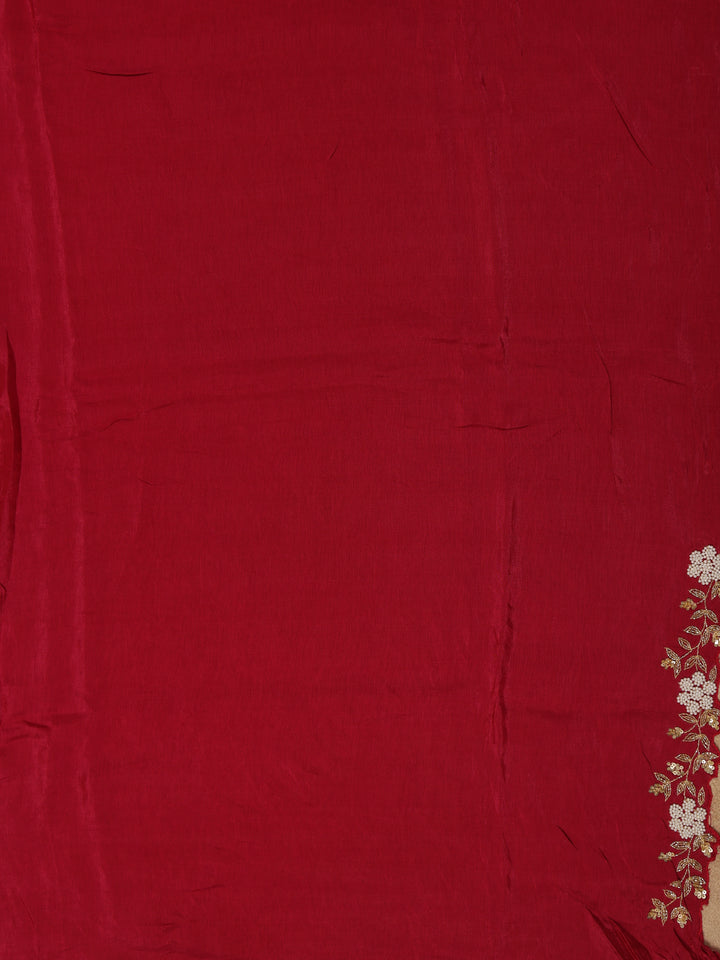 Maroon Red Floral Designed Satin Saree - Diadem
