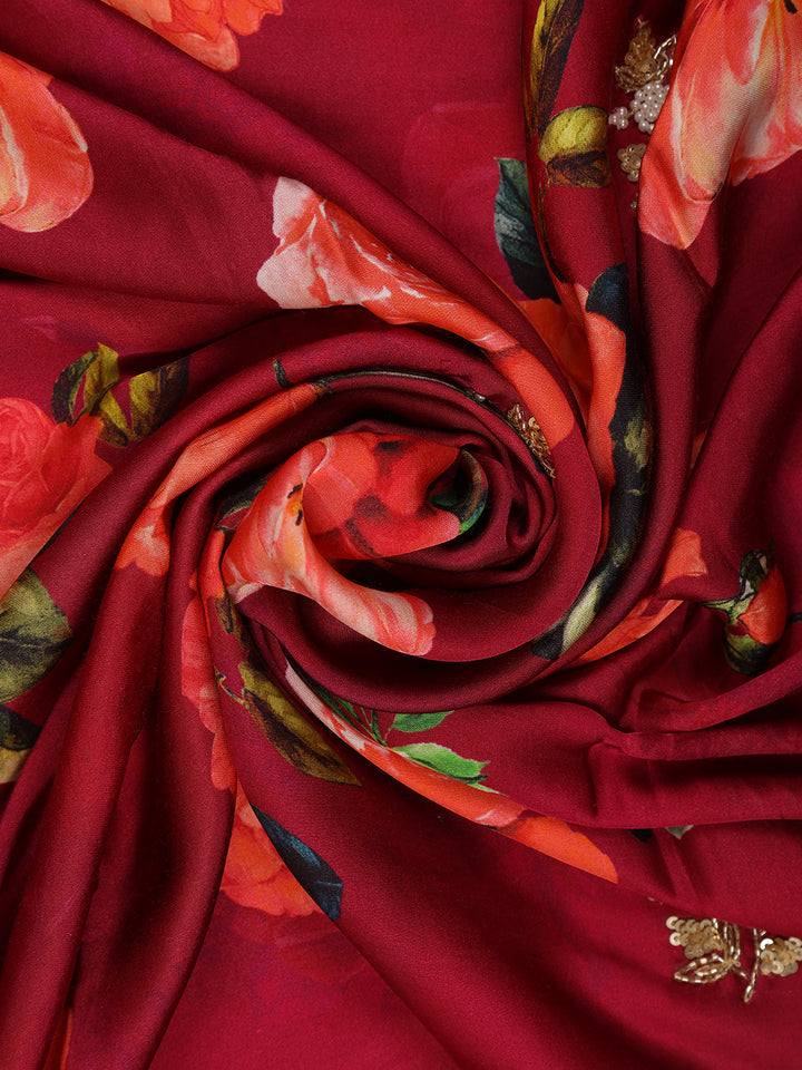 Maroon Red Floral Designed Satin Saree - Diadem