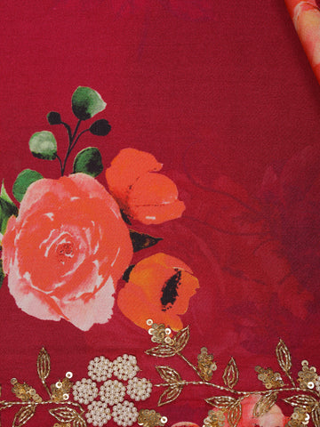Maroon Red Floral Designed Satin Saree - Diadem