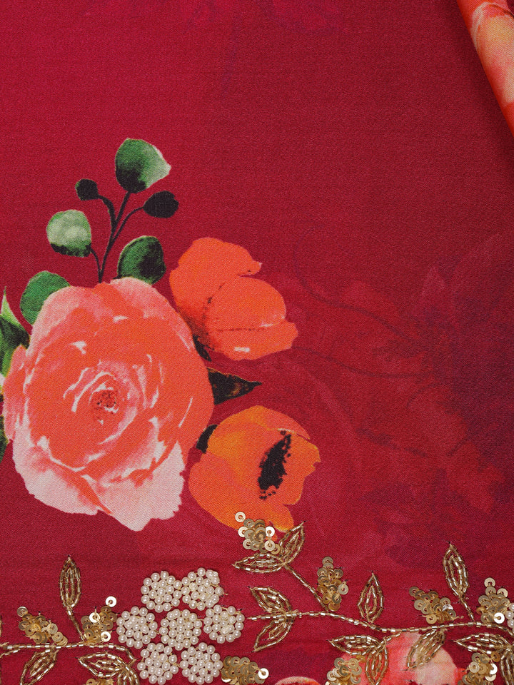 Maroon Red Floral Designed Satin Saree - Diadem
