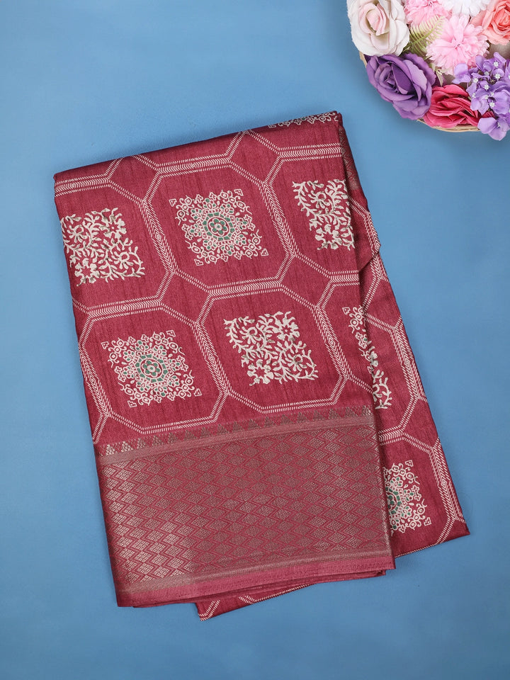 Maroon Red Floral hexagonal Printed Cotton Saree - Diadem
