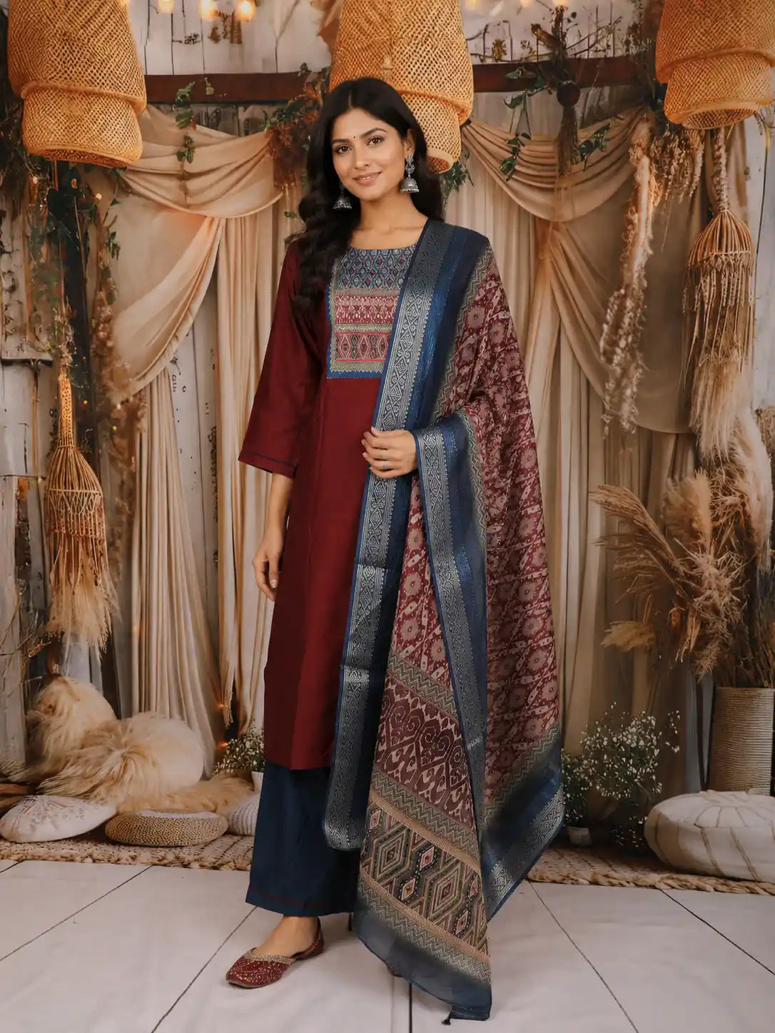Maroon Solid Design Silk Cotton Salwar Suit With Embroidered Yoke