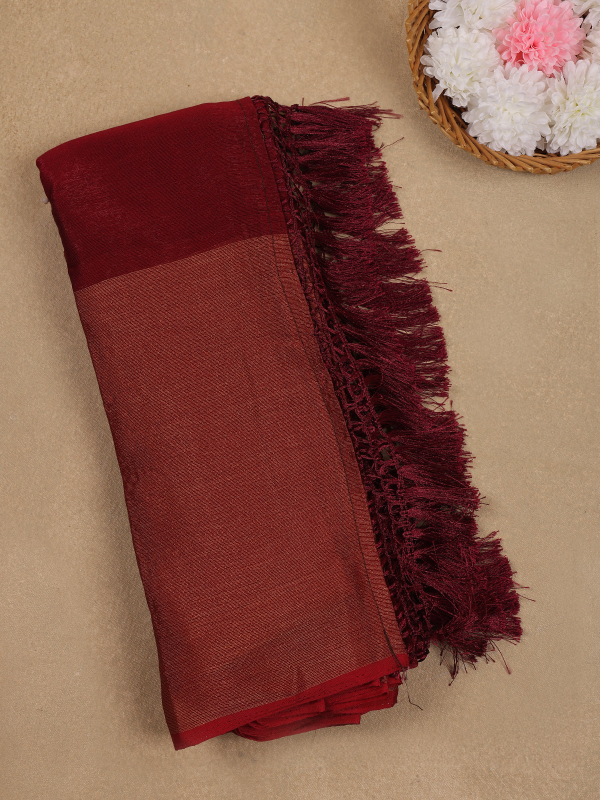 Maroon Solid Silk Fancy Saree with Beaded Work Blouse - Diadem