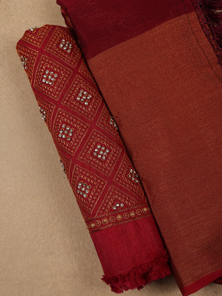 Maroon Solid Silk Fancy Saree with Beaded Work Blouse - Diadem