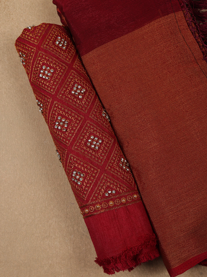Maroon Solid Silk Fancy Saree with Beaded Work Blouse - Diadem