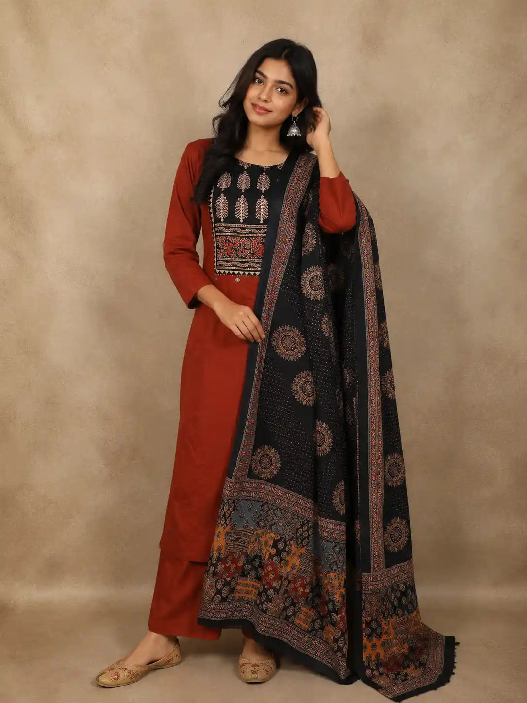 Maroon Traditional Leaf Printed Design Cotton Palazzo Suit with Dupatta