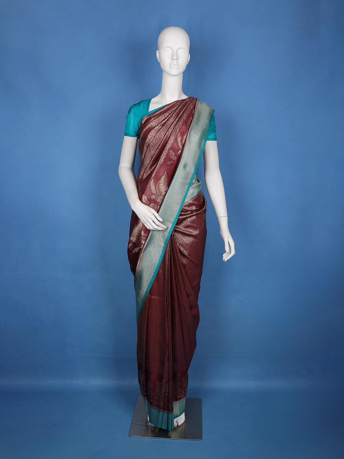Maroon Wine Floral & Leaf Designed Soft Silk Saree - Diadem