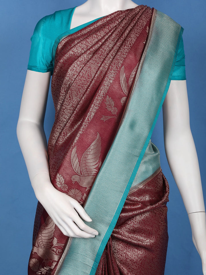 Maroon Wine Floral & Leaf Designed Soft Silk Saree - Diadem