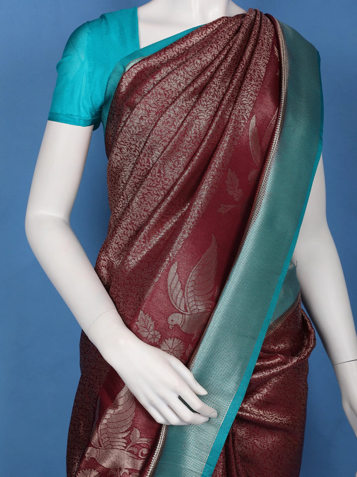 Maroon Wine Floral & Leaf Designed Soft Silk Saree - Diadem