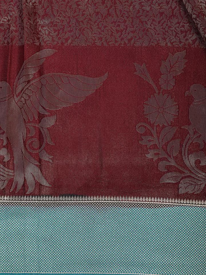 Maroon Wine Floral & Leaf Designed Soft Silk Saree - Diadem