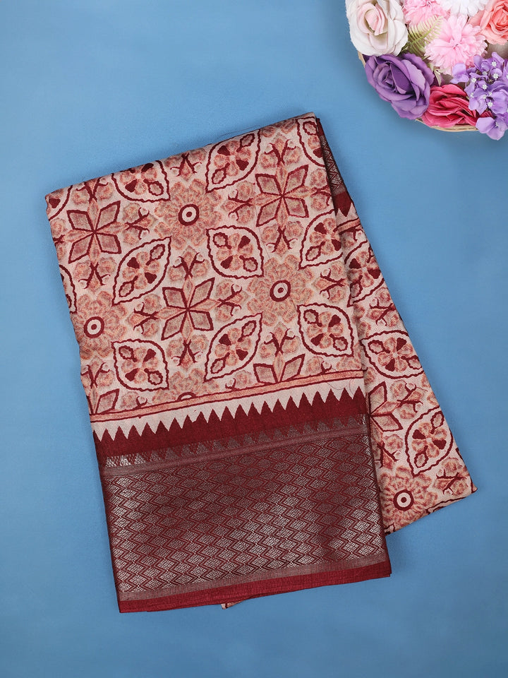 Maroon Geometric And Floral Design Printed Cotton Saree - Diadem