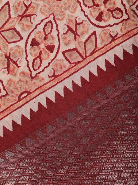 Maroon Geometric And Floral Design Printed Cotton Saree - Diadem