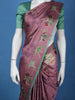 Mauve Floral Printed Tussar Silk Saree With Contrast Green Blouse