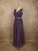 Mauve Purple Pleated Design with Bow Embellishment Net Party Wear Gown