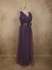 Mauve Purple Pleated Design with Bow Embellishment Net Party Wear Gown