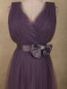 Mauve Purple Pleated Design with Bow Embellishment Net Party Wear Gown