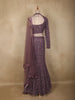 Mauve Purple Sequins Embroidered Net Mermaid Lehenga Set with One-Sleeve Choker Blouse