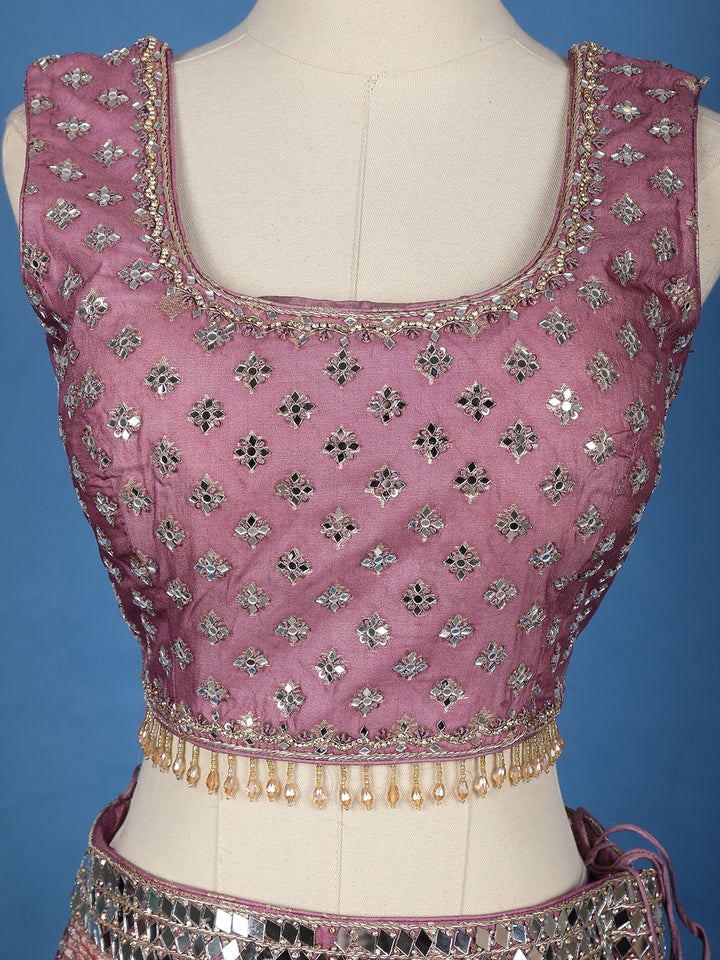 Mauve Rose Floral Designed Mirror Work Silk Bridesmaid Lehenga - Diadem