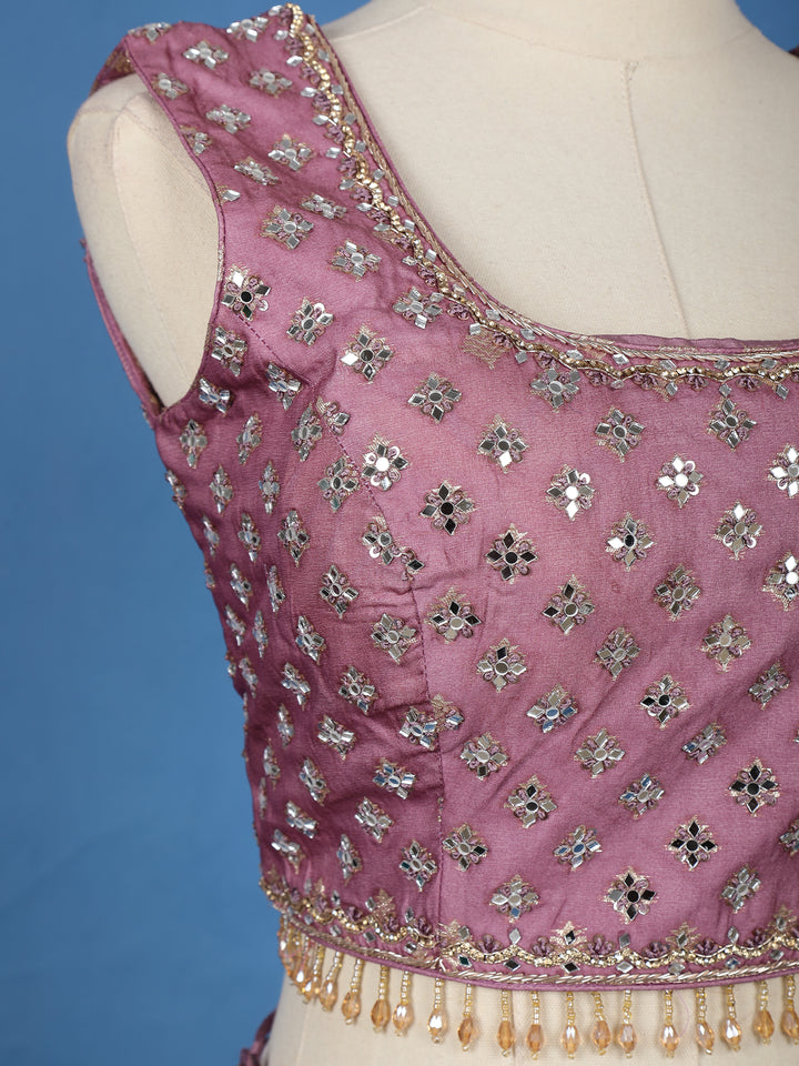 Mauve Rose Floral Designed Mirror Work Silk Bridesmaid Lehenga - Diadem