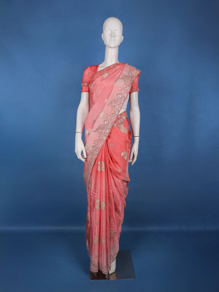 Mauve Pink Floral Zari Sequin Embellishment Satin Saree - Diadem