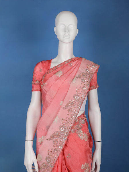Mauve Pink Floral Zari Sequin Embellishment Satin Saree - Diadem