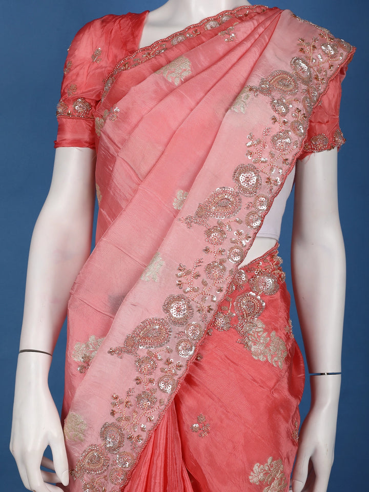 Mauve Pink Floral Zari Sequin Embellishment Satin Saree - Diadem