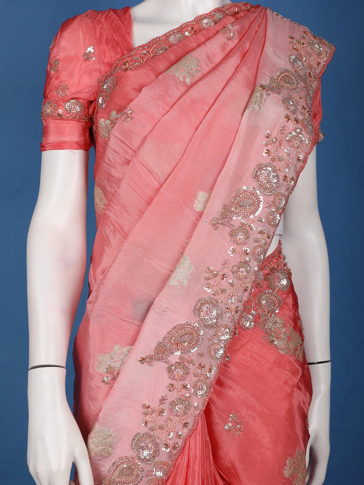 Mauve Pink Floral Zari Sequin Embellishment Satin Saree - Diadem