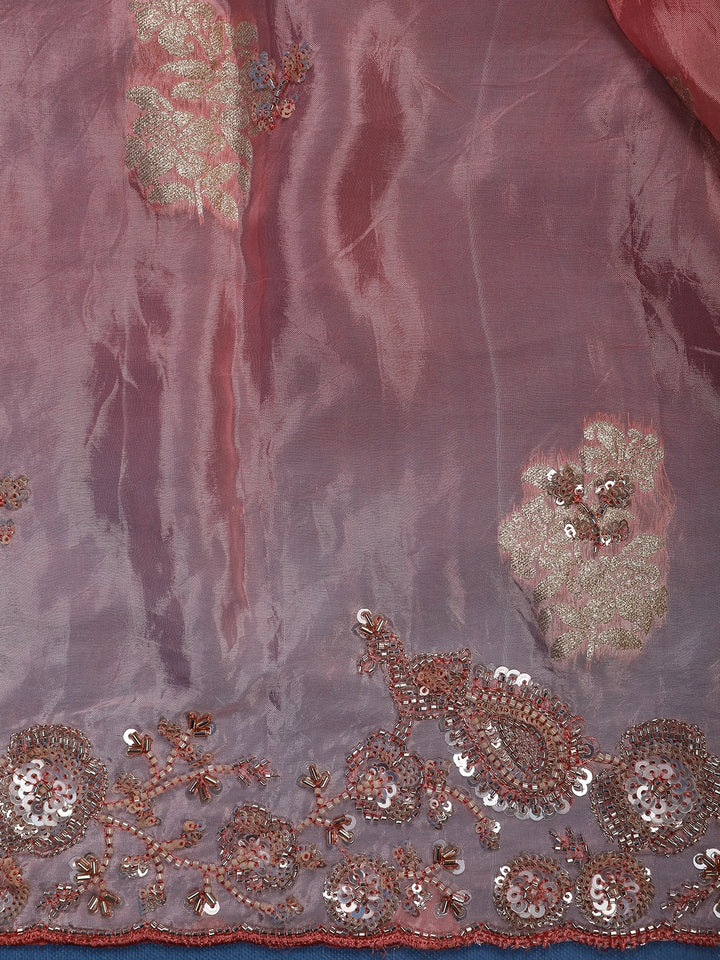 Mauve Pink Floral Zari Sequin Embellishment Satin Saree - Diadem