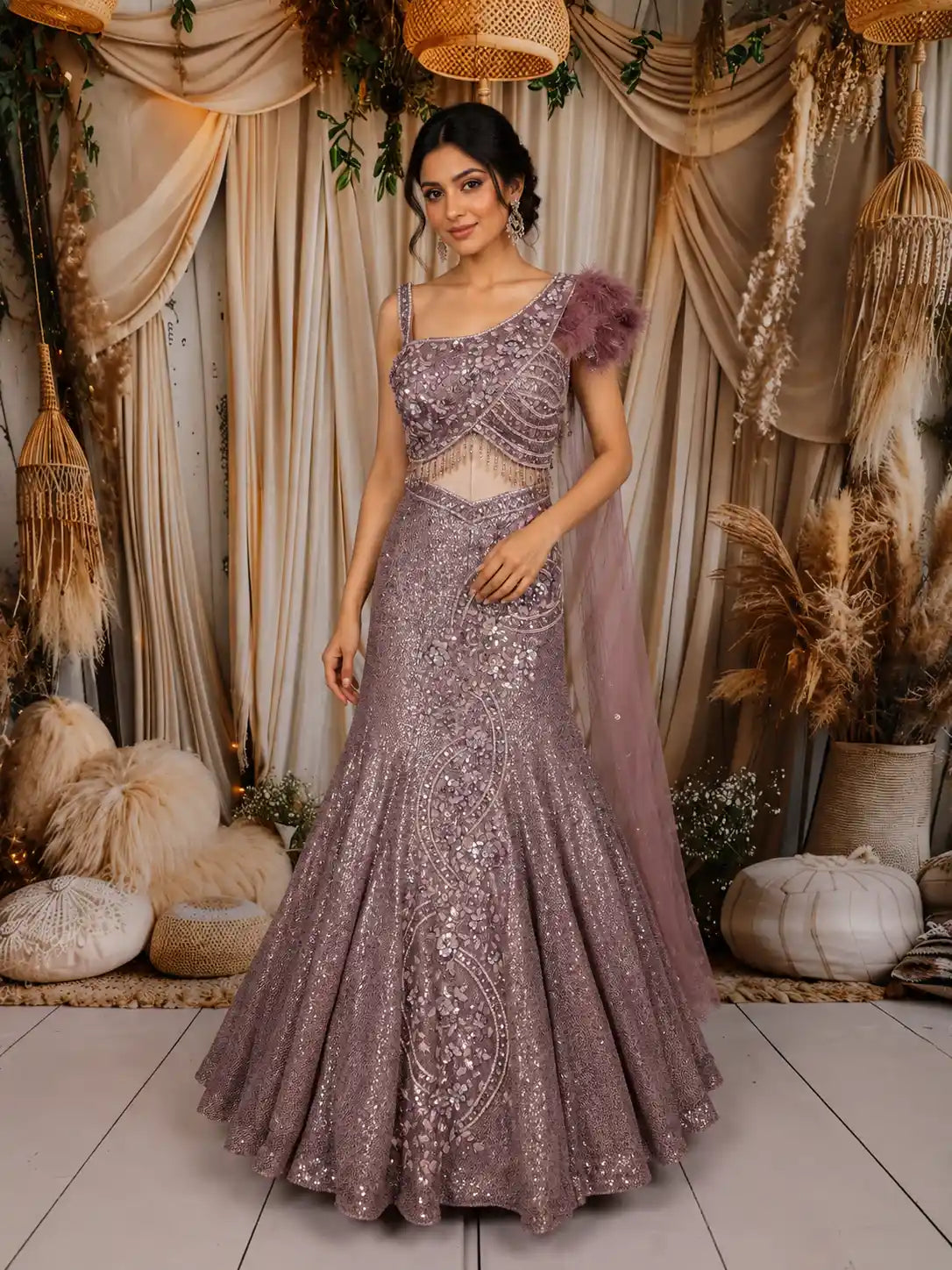 Mauve Purple Heavy Sequins and Beads Embroidered Design Mermaid Sequins Lehenga with Choker Dupatta