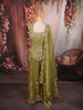 Mehendi Green Floral Vine Zari Embroidered Design Tissue Organza Party Wear Palazzo Suit with Matching Dupatta