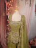 Mehendi Green Floral Vine Zari Embroidered Design Tissue Organza Party Wear Palazzo Suit with Matching Dupatta