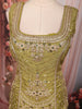 Mehendi Green Floral Vine Zari Embroidered Design Tissue Organza Party Wear Palazzo Suit with Matching Dupatta