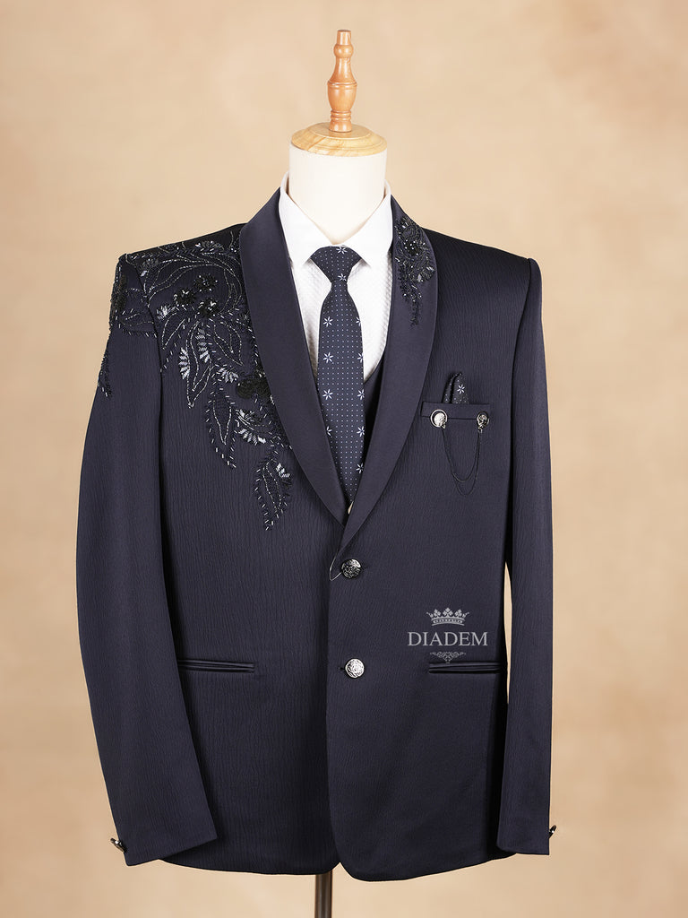 Dark Blue Coat Suit Set with Floral Embroidery Designs and Tie